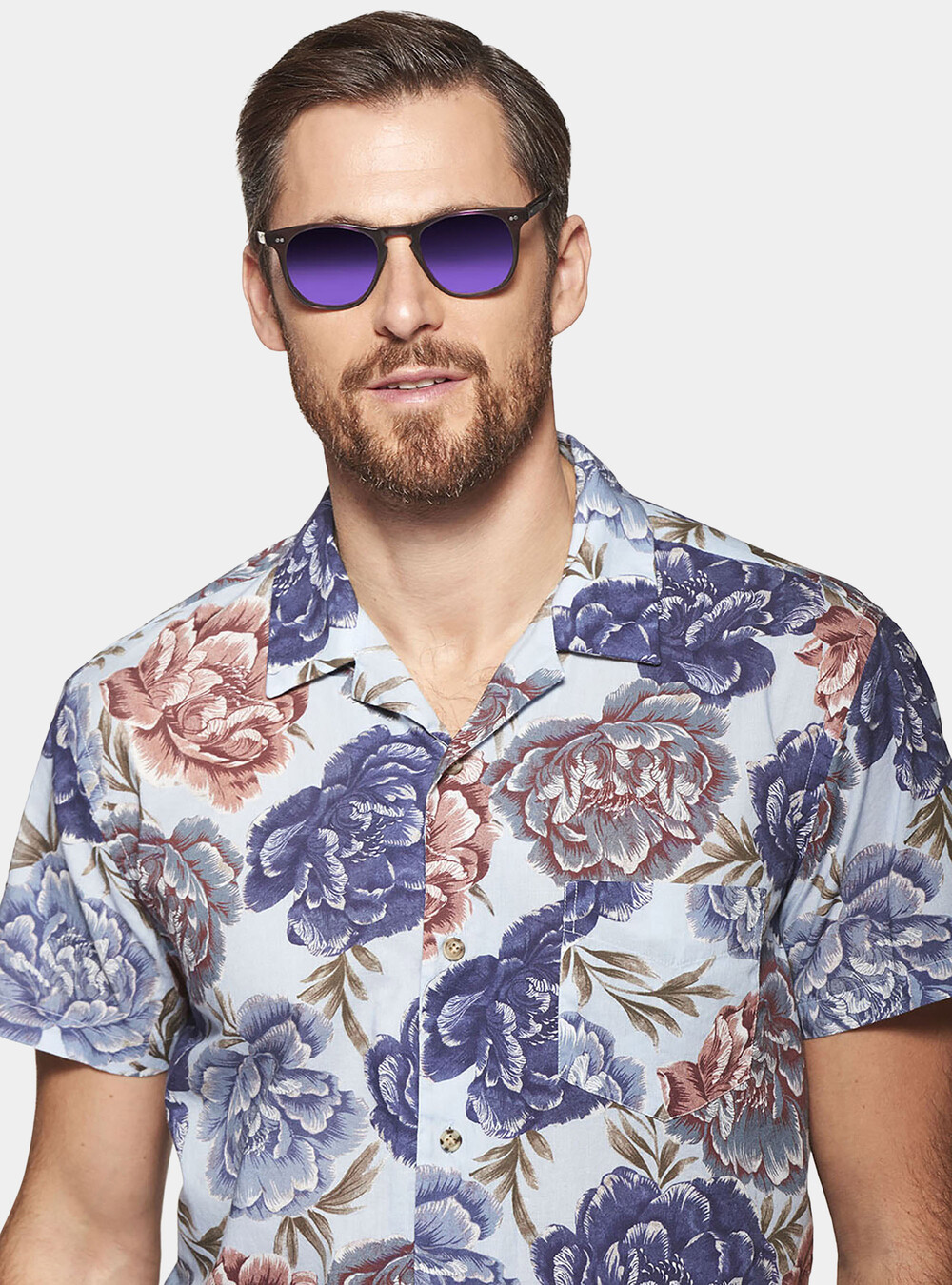 Chemise à demi-manches à motifs floraux avec col de bowling
