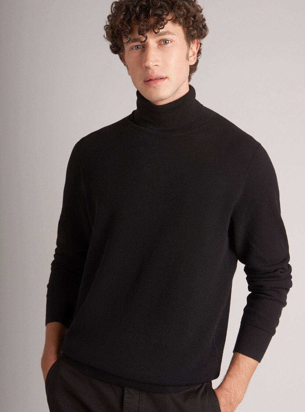 Rice stitch cotton and cashmere high neck sweater
