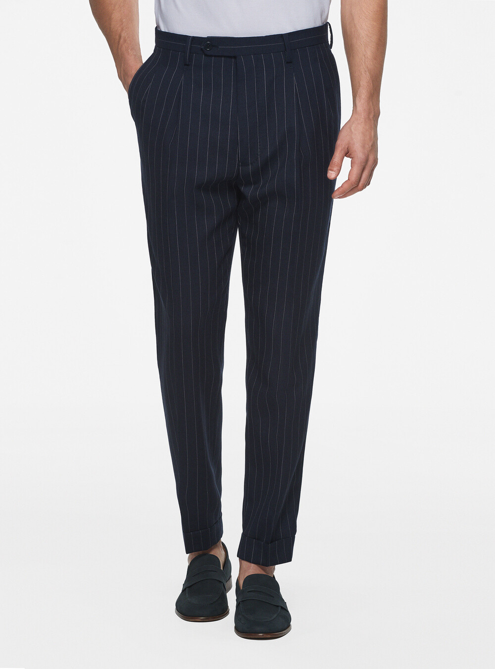 Men's Pinstripe Tailored Trousers, Wool, Black