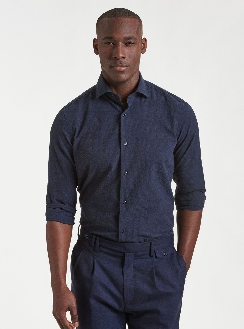 Semi-French collar shirt in seersucker cotton | GutteridgeUS | Shirts Uomo