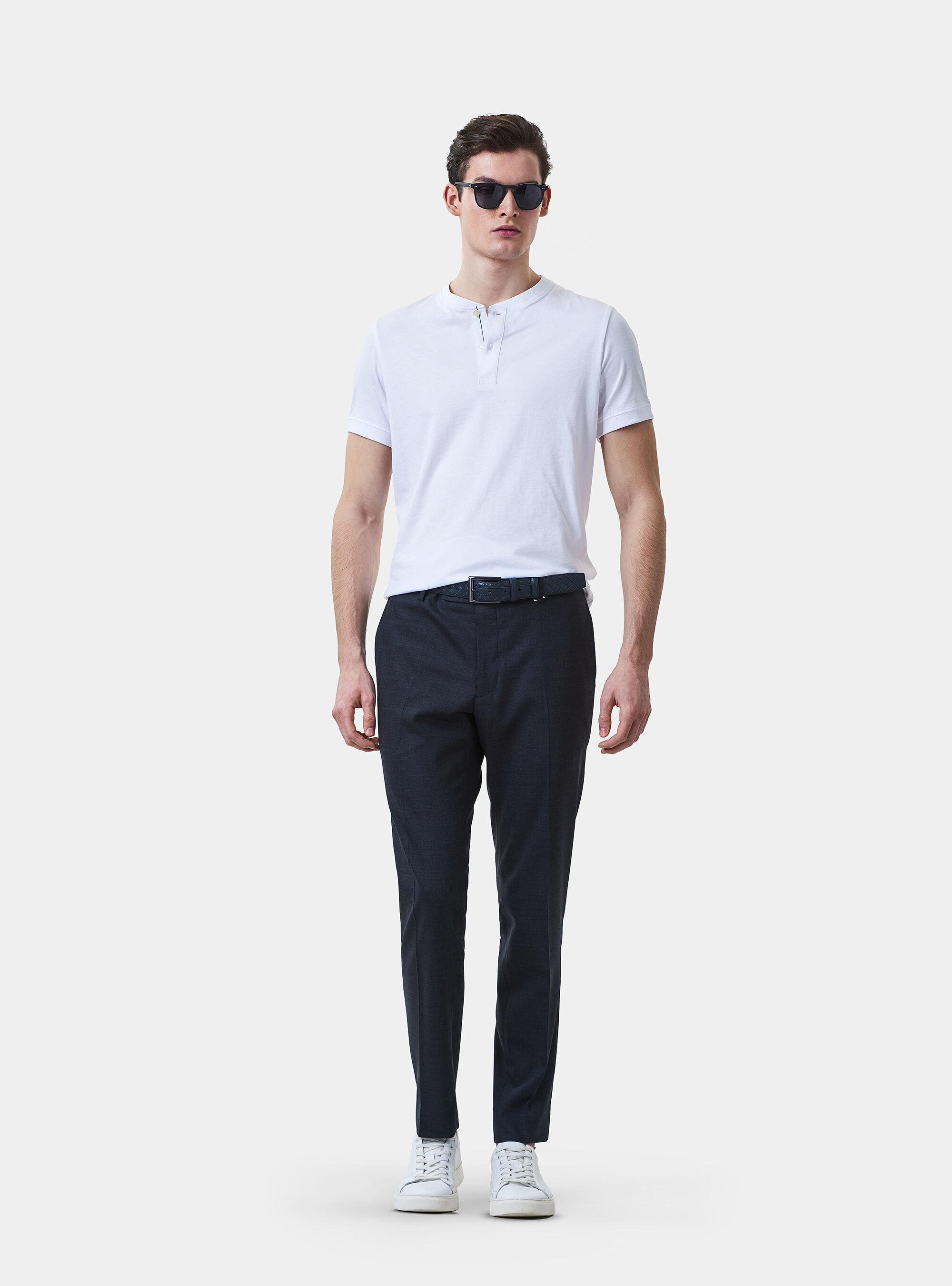 polo shirt and suit trousers