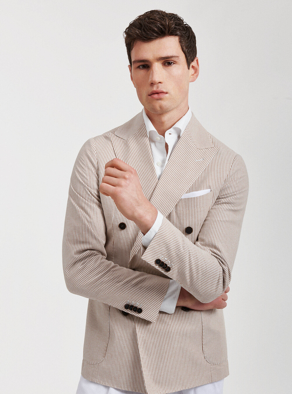 Veste rayée à double boutonnage en coton et lin | GutteridgeEU | catalog- gutteridge-storefront Uomo