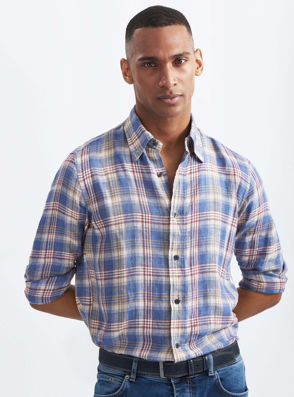 Button-down collar shirt in linen madras | GutteridgeUS | Shirts Uomo
