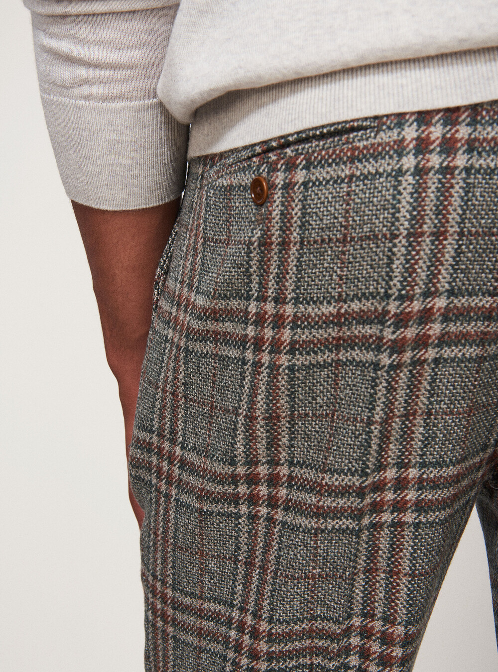 Pantalon à carreaux à double fente en laine, soie et lin