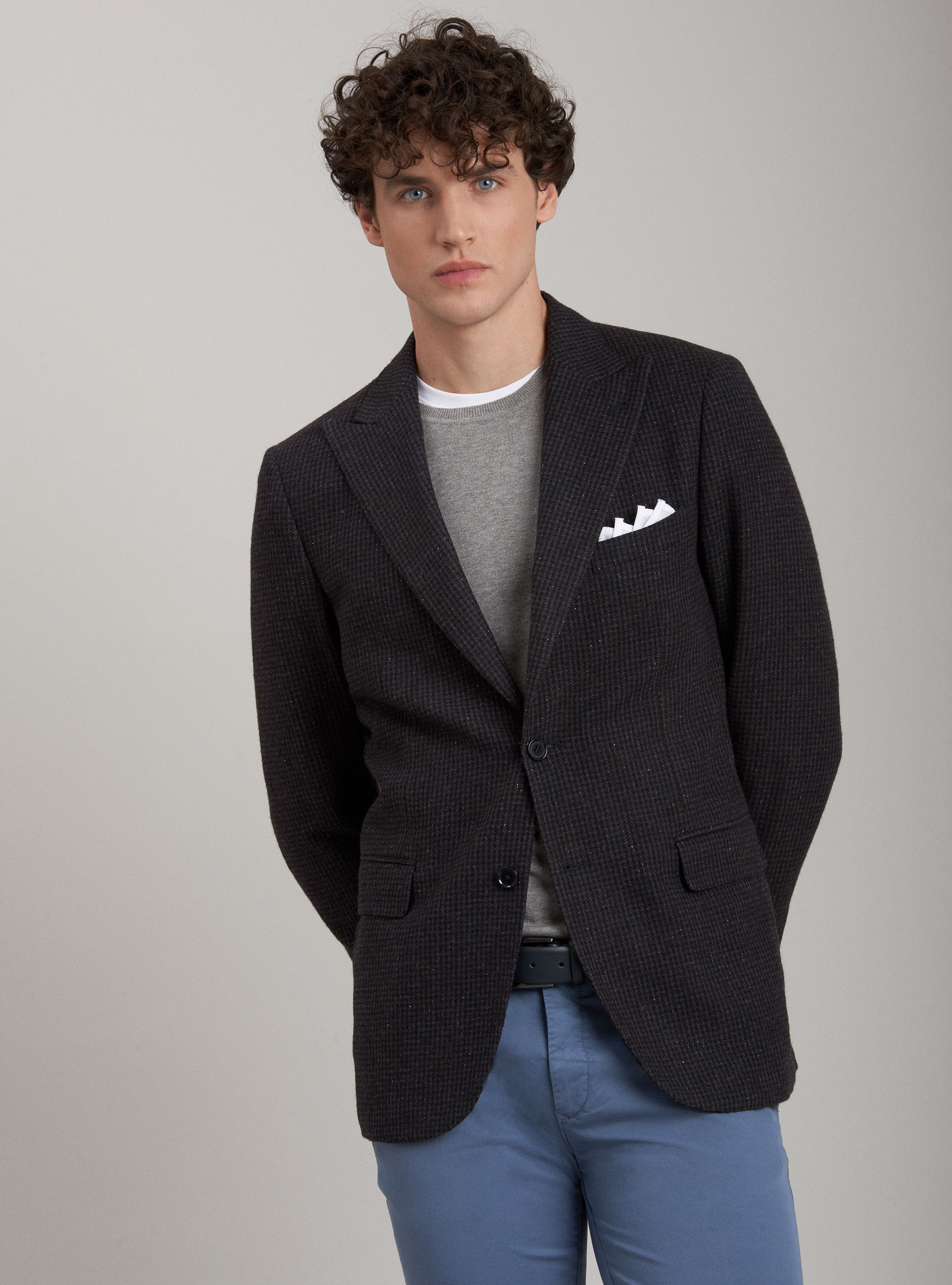 Wool and silk micro pied de poule jacket